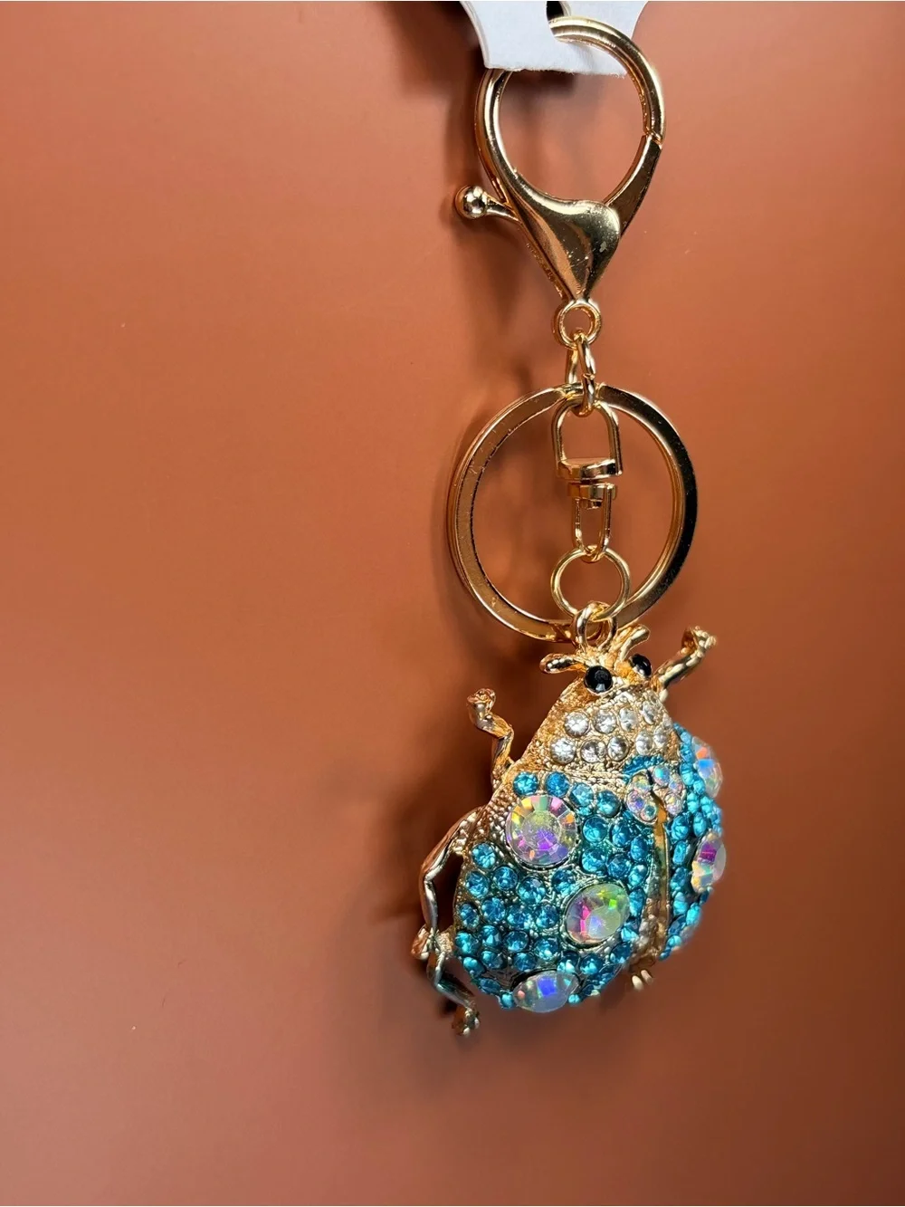 Sparkling Ladybug Keychain - Gold with Blue Aurora Rhinestones